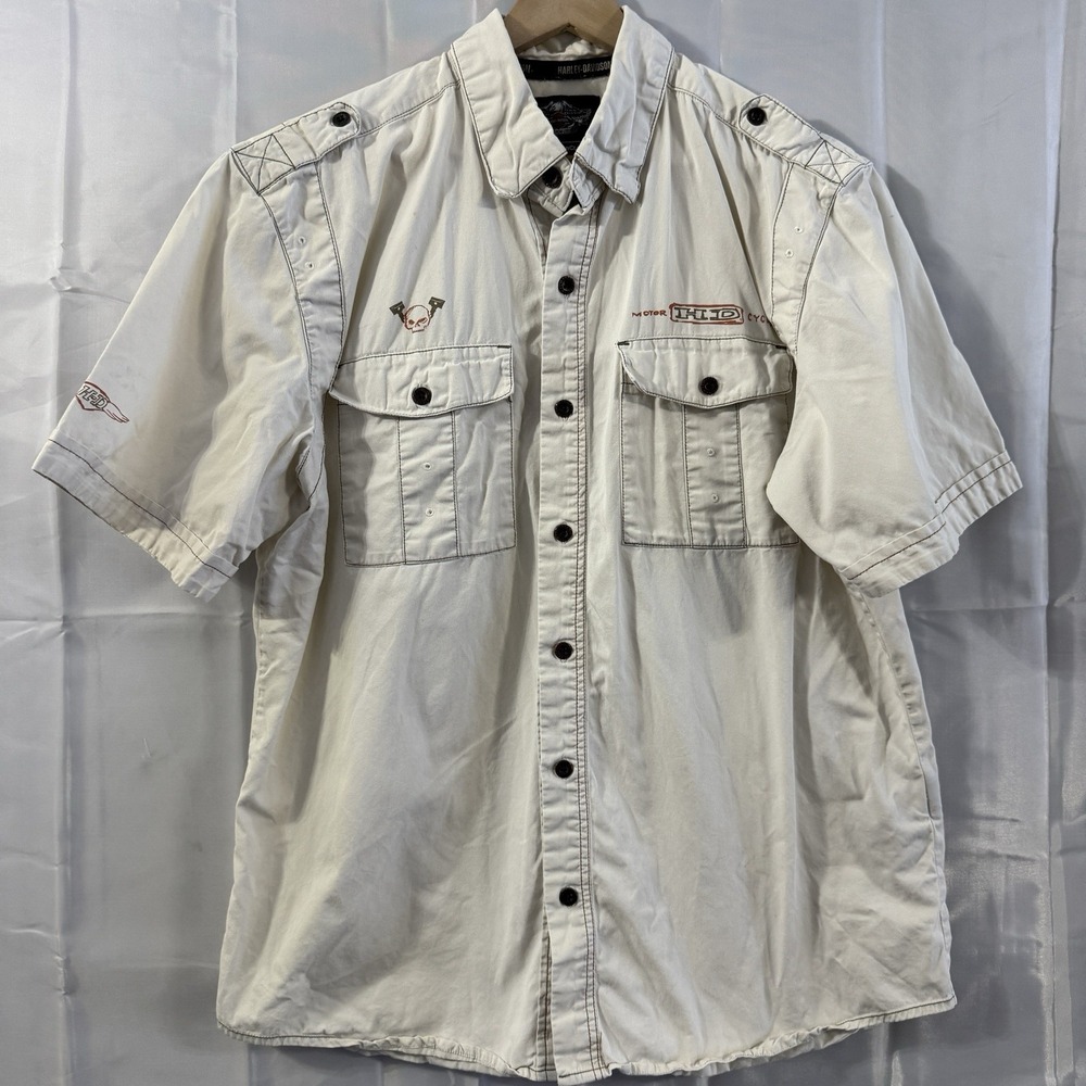 Vintage Harley Davidson Motorcycle Short Sleeve Shirt Mens L Racing Skull Pocket
